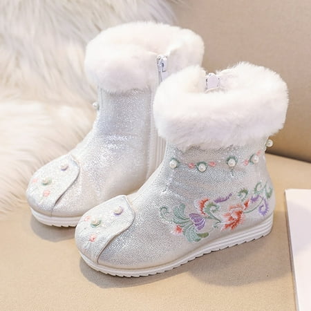 

LYCAQL Toddler Shoes Girls Shoes Warm Cotton Boots Embroidered Boots National Style Boots Princess Cotton Boots Snoots Boots Kids (White 3.5 Big Kids)