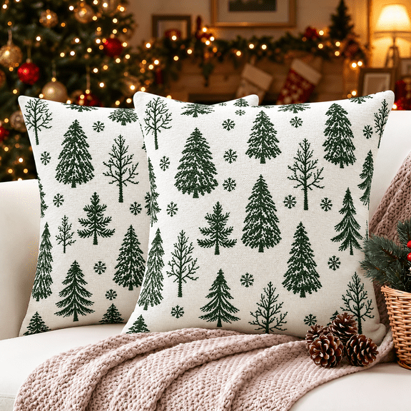 LOMYOLO Christmas Throw Pillow Covers Set of 2, 18x18IN Chenille Double Side Xmas Decorative Pillow Covers Soft Farmhouse Holiday Cushion Covers for Sofa Couch Bed, Christmas Tree Reindeer Snowflake