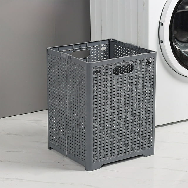 Xihbxyly Cesta de Ropa Plegable, Plástico Duradero, Asas Resistentes, Diseño Compacto, Elegante Imitación Ratán, Ideal para El Baño, 44 X 34 X 32 Cm.