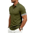 thumbnail image 2 of YLSDY Men's Slim-Fit Ribbed Collared Shirt, Striped Cuff Trim, 3-Button Placket Short Sleeve Top for Casual & Business Casual Army Green M, 2 of 9