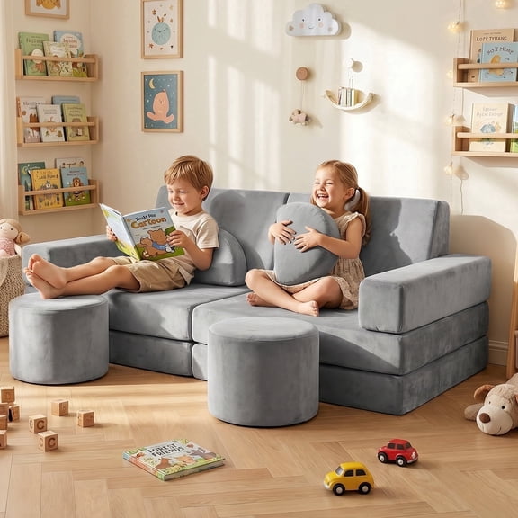14Pcs Kids Play Couch, Caveen Baby Playroom Furniture Convertible Foam and Floor Cushion for Toddler,Gray