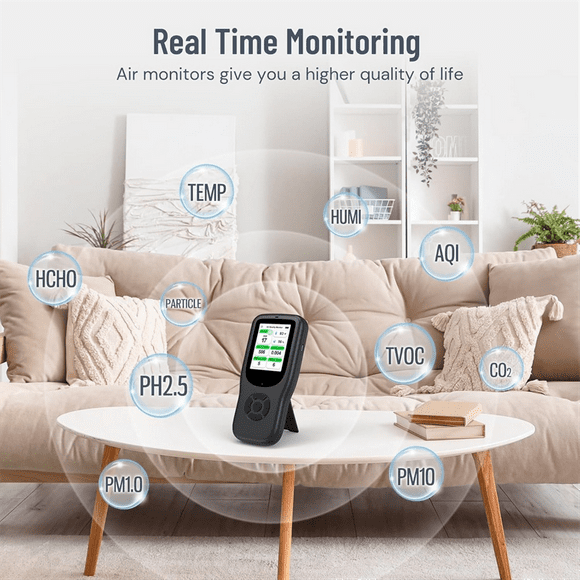 Air Quality Monitor Indoor, 10-in-1 Air Quality Detector with Stand