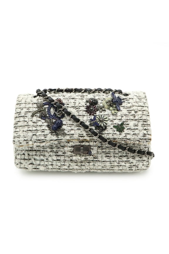 Pre-Owned CHANEL 2.55 Tweed Double Flap Chain Shoulder Bag with Flower Motif, White and Black...