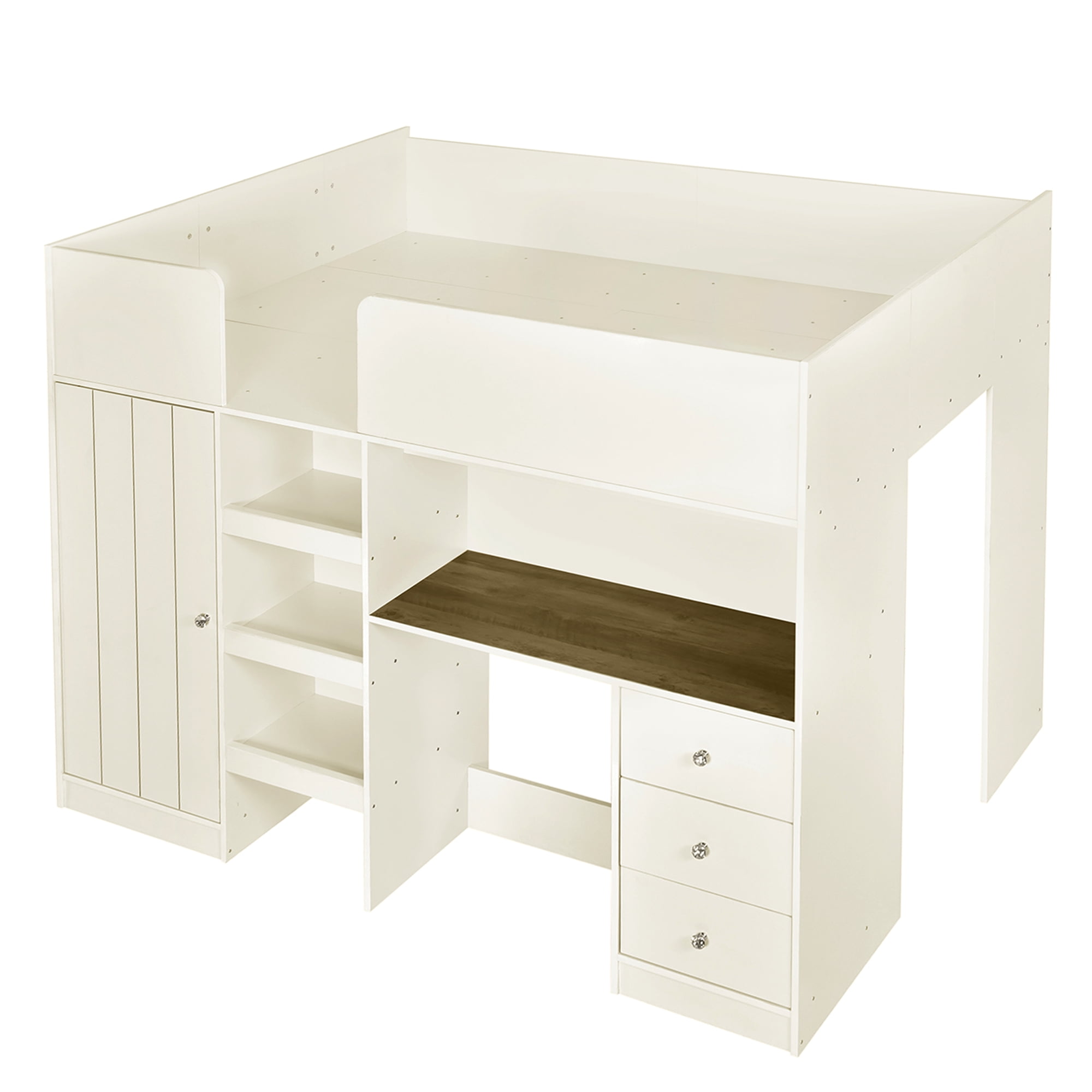 Euroco Wood Full Size Loft Bed with Wardrobe and Desk, 3 Drawers and Shelves for Kids Teens, Beige