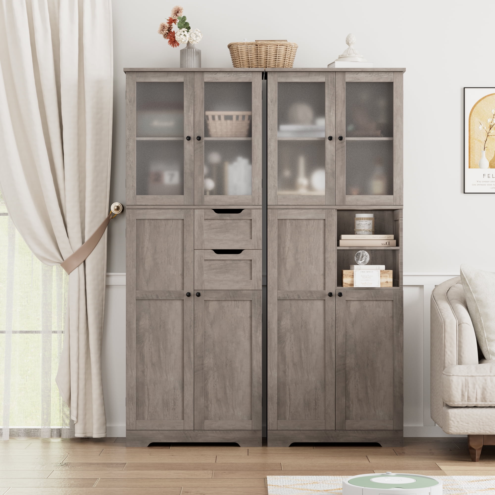 Homfa 67"H Bathroom Cabinet, Linen Cabinet with Doors and Drawers, Kitchen Cupboard, Wash Gray