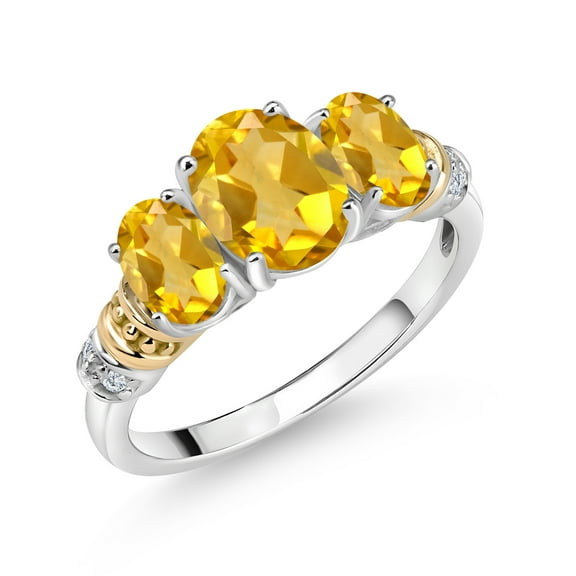 Gem Stone King 925 Sterling Silver and 10K Yellow Gold Oval Yellow Citrine and White Diamond 3 Stone Ring for Women (2.23 Cttw, Gemstone November Birthstone, Size 5)