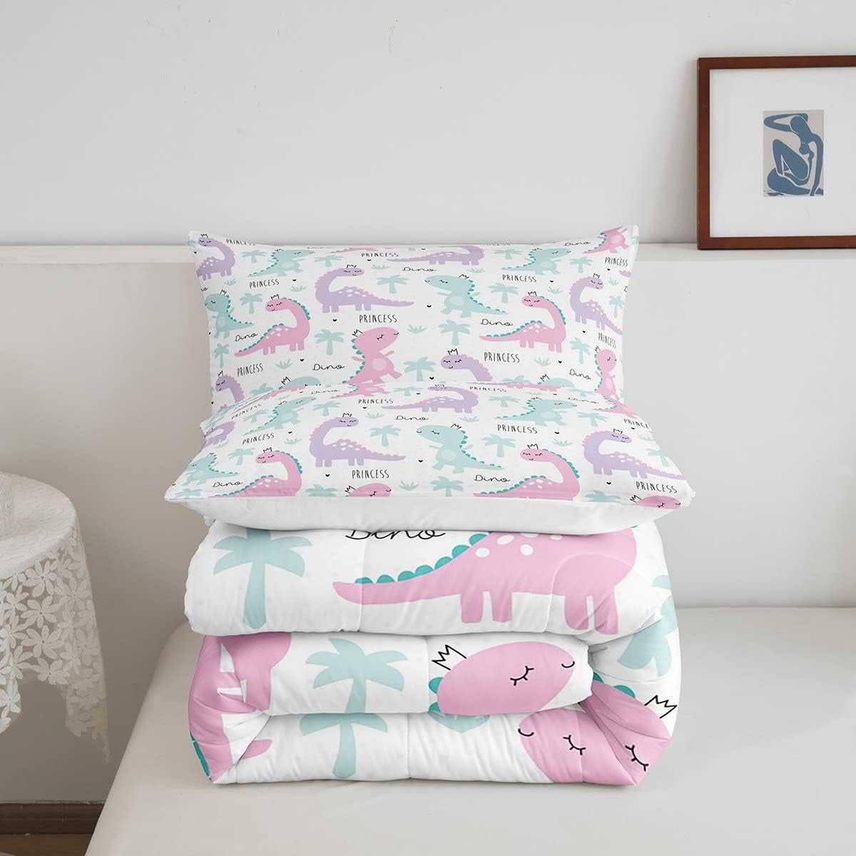 Dinosaur Comforter Set Pink Purple Dinos Bedding Sets for Kids Girls Lovely Cute Animals Comforter Jurassic Series Cartoon Down Comforter Child Room Decor with 1 Comforter and 2 Pillow Cases Full Walm...