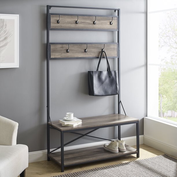 Woven Paths Industrial Hall Tree with Bench and Coat Hooks, Grey Wash