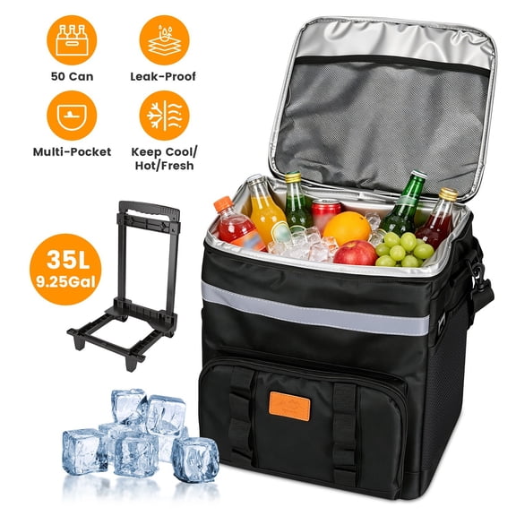 Teqhome Cooler Bag Outdoor Cooler Bag Portable Rolling with Wheels Side Handles Shoulder Strap 30L 50 Can Collapsible Leakproof for Camping Travel Patio Beach Outdoor Ball Fields