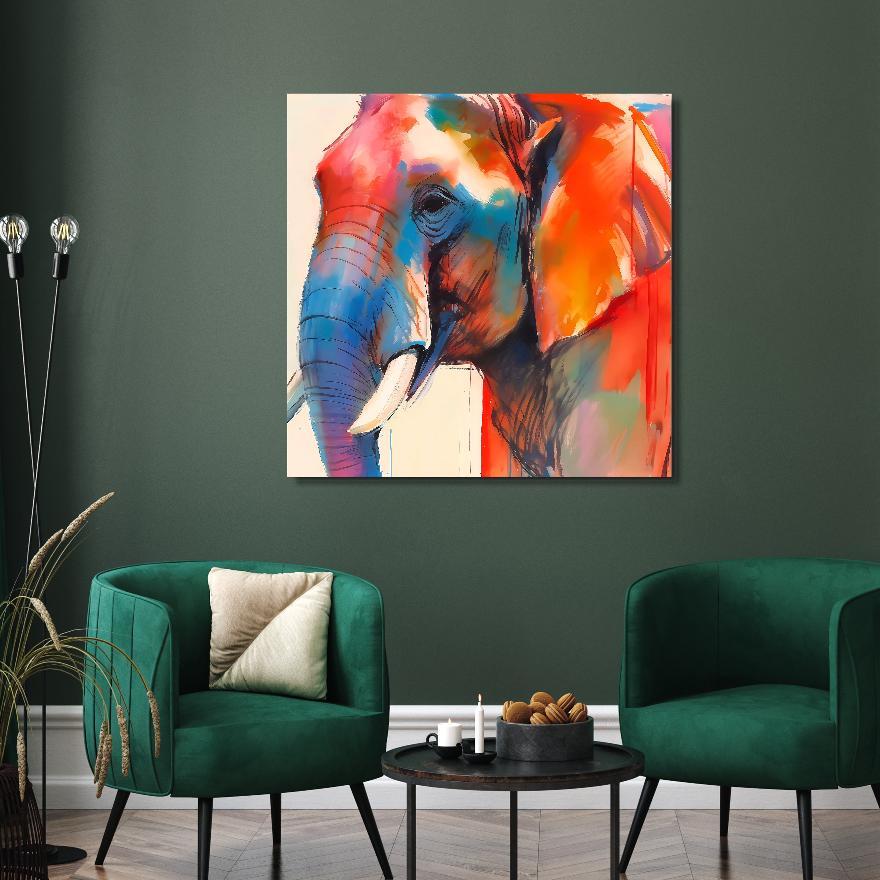 "Vibrant Majesty I" Elephant Frameless Free Floating Reverse Printed Tempered Art Glass Wall Art