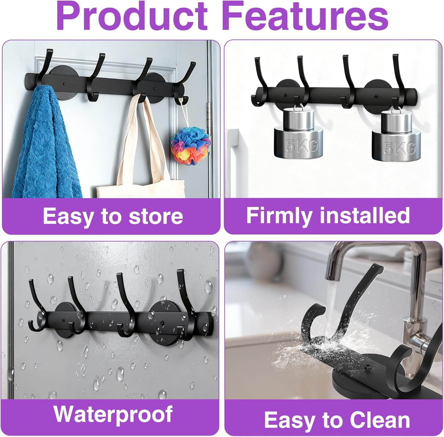 RGHJAR-Magnetic Coat Hooks Heavy Duty - Scratch-Free Metal Cabinet Hook,4-Hook Strong Rubber Magnetic Hanger for Refrigerator,Metal Cabinet,Hanging Coat, Towel, Bag, Backpack (Black 1PCS)