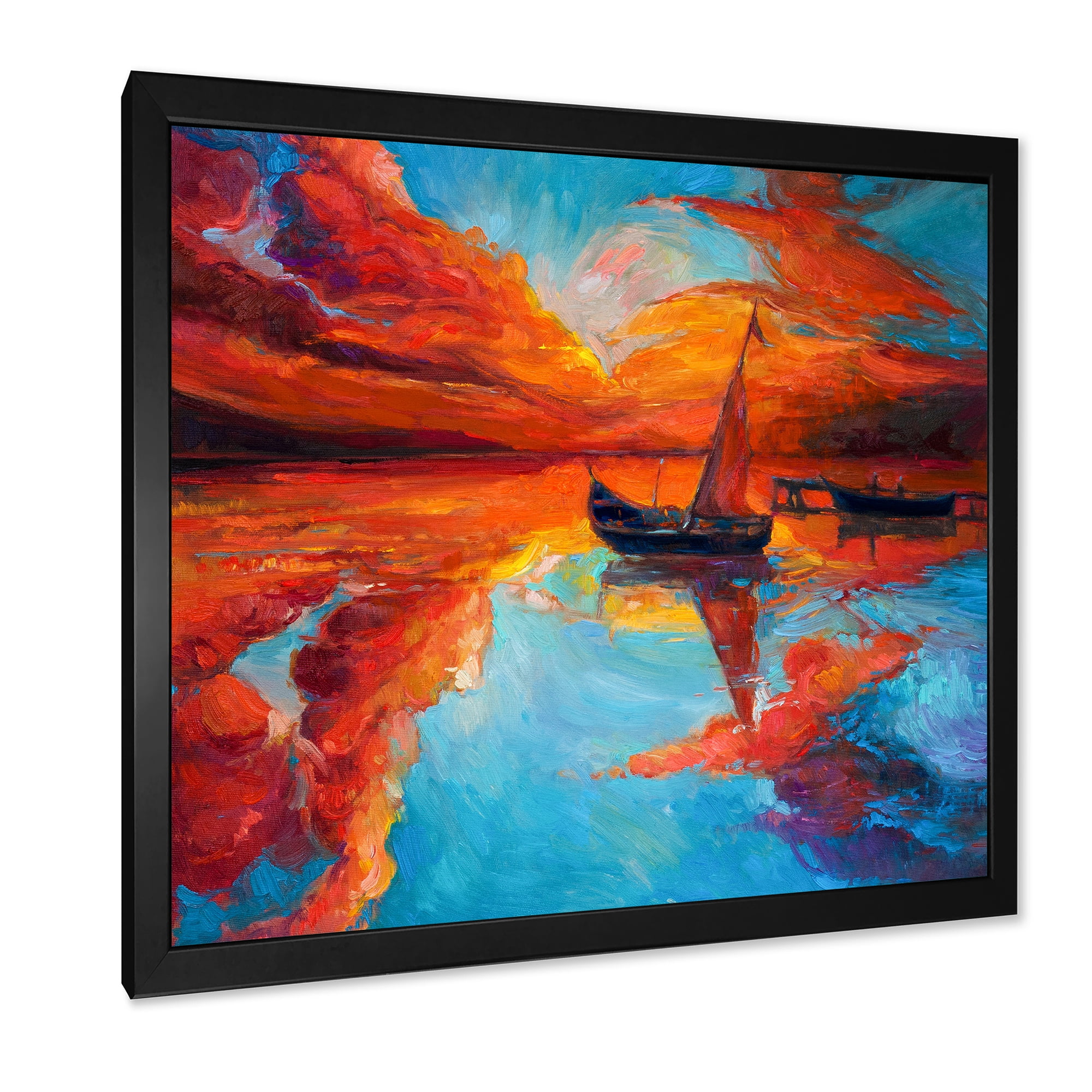 Little Boat During Warm Deep Red Evening Glow 30 in x 30 in Framed Painting Canvas Art Print, by Designart