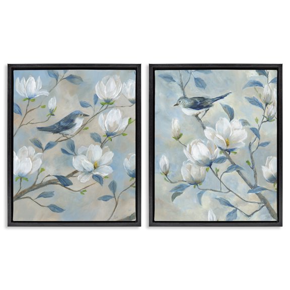 Stupell Industries Blue Birds in Magnolia Tree 2 Piece Black Framed Floater Canvas Set, design by Nan