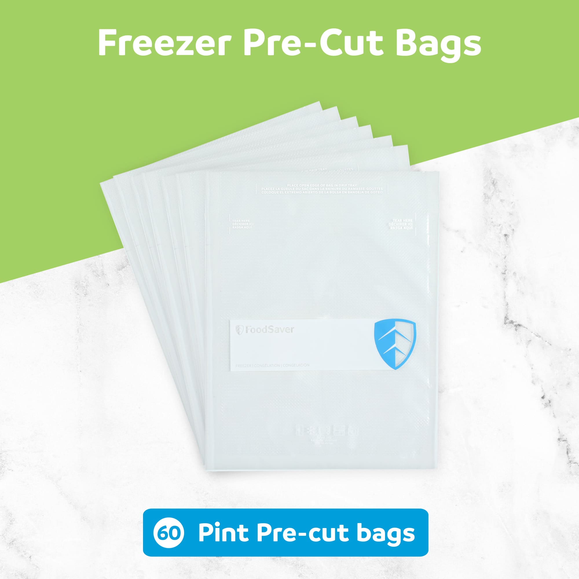 FoodSaver Pint Vacuum Seal Bags, 60 Count Pre-Cut BPA-Free Freezer Bags, Align to Seal & Tear to Open for Food Freezer, Sous Vide, and Meal Prep