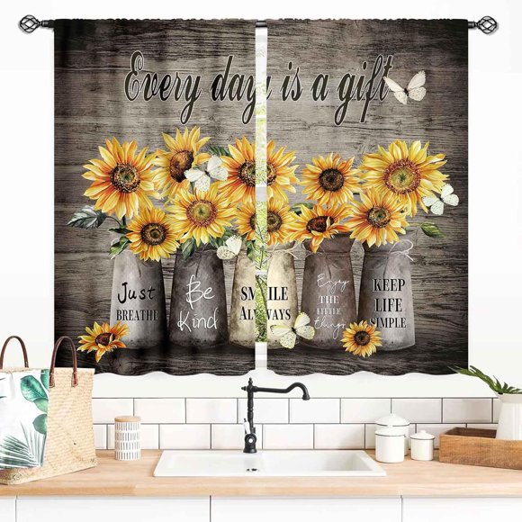 Rideaux de Cuisine Rustiques à Tournesols, Vase Floral Jaune Style Ferme Campagne Rural en Bois avec Poche pour Tringle, Petits Rideaux Courts pour Fenêtre, Traitements de Rideaux pour Chambre et Salon, 2 Panneaux, 55x39 Pouces