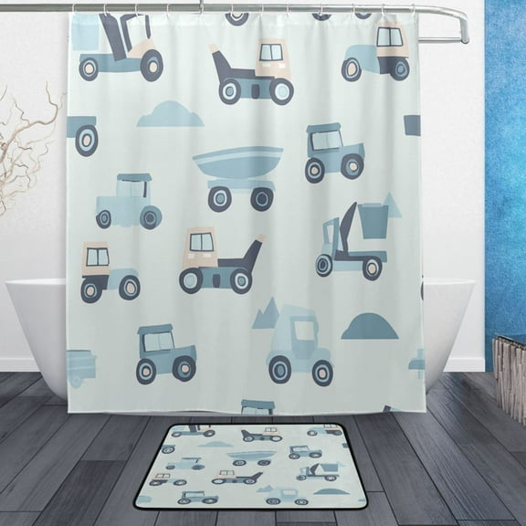 Bath Curtain & Non-Slip Bath Mat Set 12-Grommet Shower Curtain Memory Foam Bath Rug Construction Vehicles