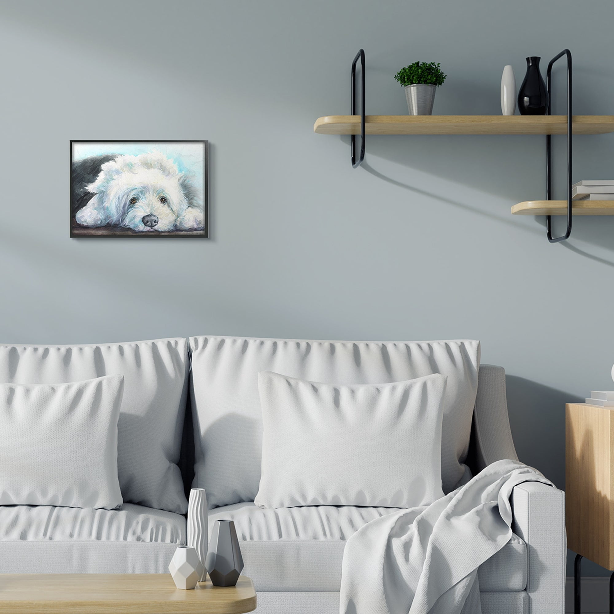 Stupell Industries Fluffy Old English Sheepdog Puppy Resting Black Framed, 16 x 20, Design by George Dyachenko