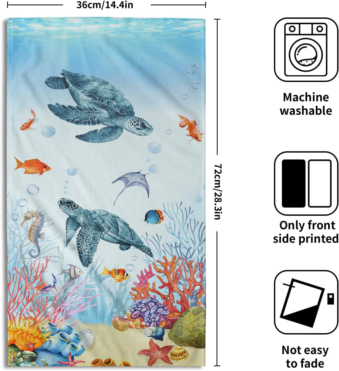 Ocean Sea Turtle Hand Towels Set of 2 Tropical Fish Coral Fingertip Bath Towel Soft Kitchen Washcloth for Bathroom Laundry Room Spa Decor