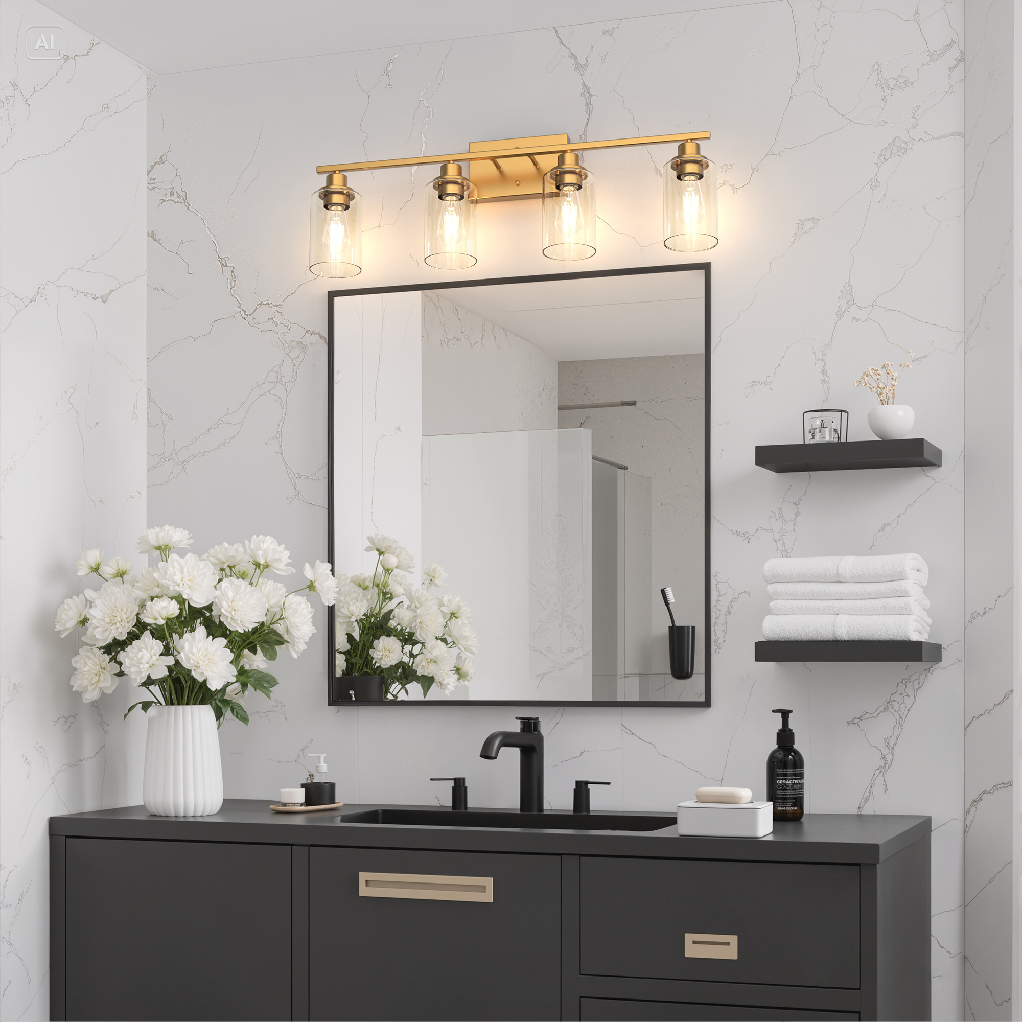 YANSUN 32 in 4-Light Gold Industrial Bathroom Vanity Light with Clear Glass Shades, for Master Bath, Guest Bathroom, Powder Room or Bedroom