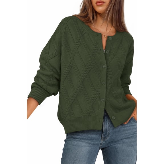 Merokeety Womens Cable Knit Cardigan Sweaters Trendy Button Up Fall Sweater Coats Armygreen XL