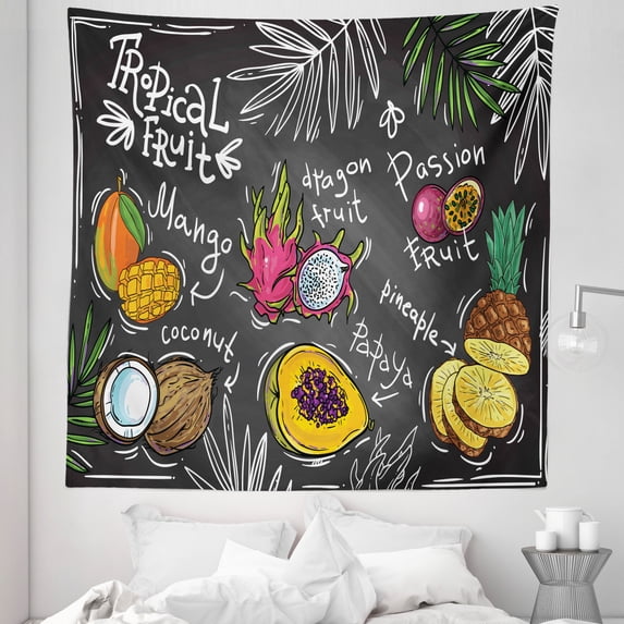 Fruit Tapestry, Hand Drawn Mango Dragon Fruit Papaya Coconut and Pineapple Sketch Tropical Blackboard, Fabric Wall Hanging Decor for Bedroom Living Room Dorm, 5 Sizes, Multicolor, by Ambesonne