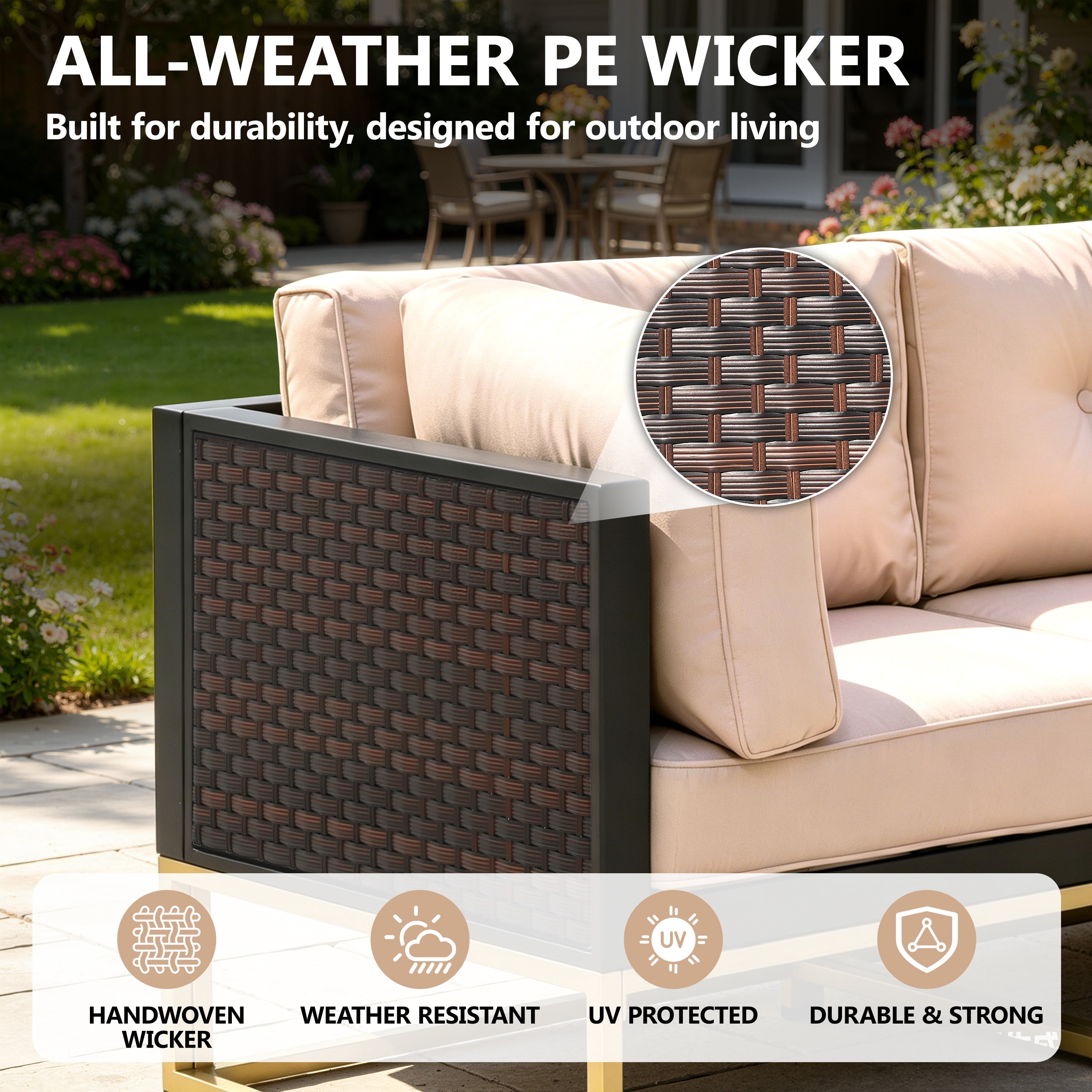 Patio Outdoor Furniture Sets, 7 Pieces All-Weather Rattan Sectional Sofa with Tea Table and Cushions, PE Rattan Wicker Sofa Couch Conversation Set for Garden Backyard Poolside