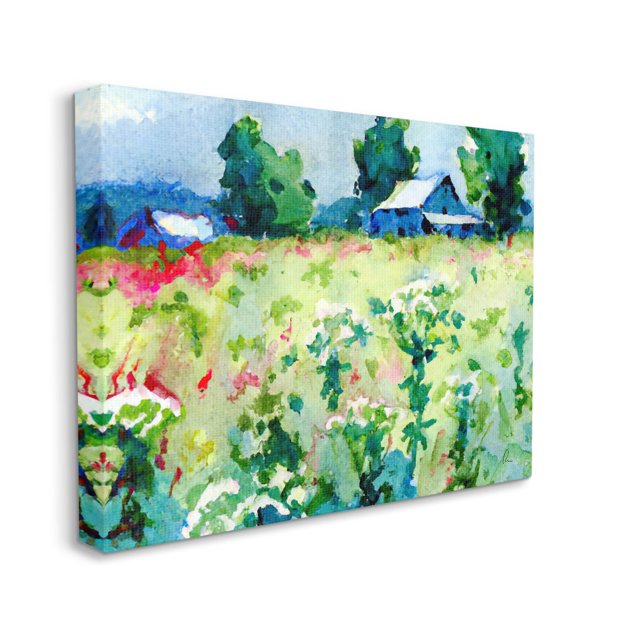 Country Meadow Cottage Landscape Landscape Painting Gallery Wrapped Canvas Print Wall Art