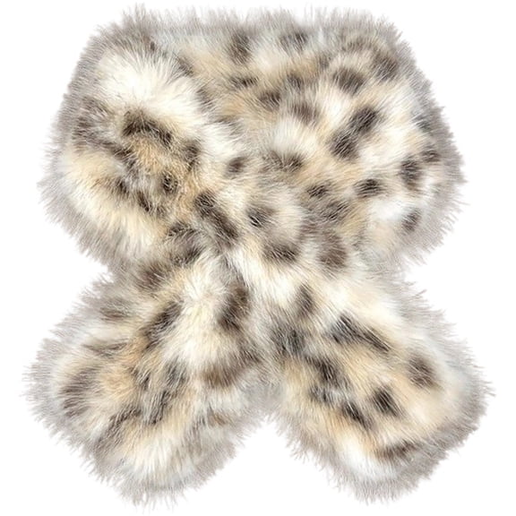 Jiibva Faux Fur Scarf Leopard Print Winter Warm Plush Scarf Fur Collar Scarf Neck Warmer for Women Fall Winter