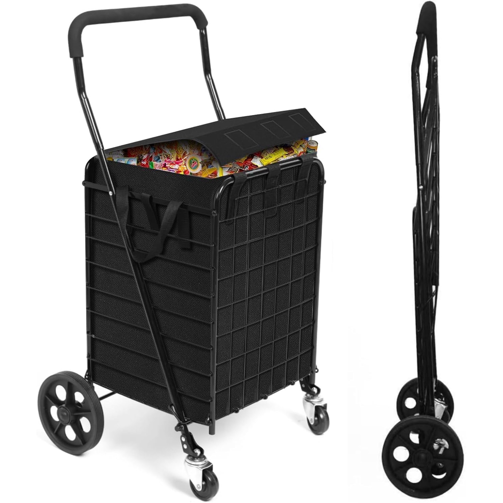 Foldable Shopping Cart with Waterproof Basket Liner & 360° Swivel Wheels | Collapsible Lightweight Utility Cart for Groceries Laundry Max 100 LBS for Seniors Apartments