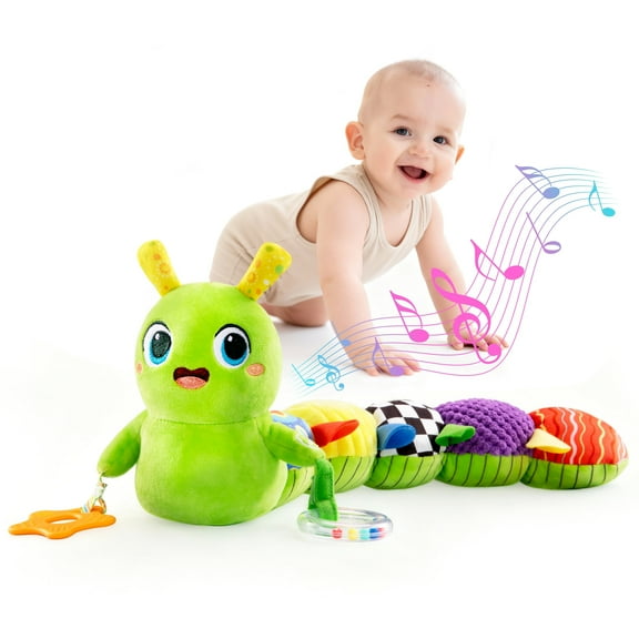 Syvio Musical Caterpillar Baby Toy - 10 Song Soft Stuffed Animal with Crinkle Rattles, Tummy Time Sensory Toy for Newborn Boys & Girls 0-12M, Green