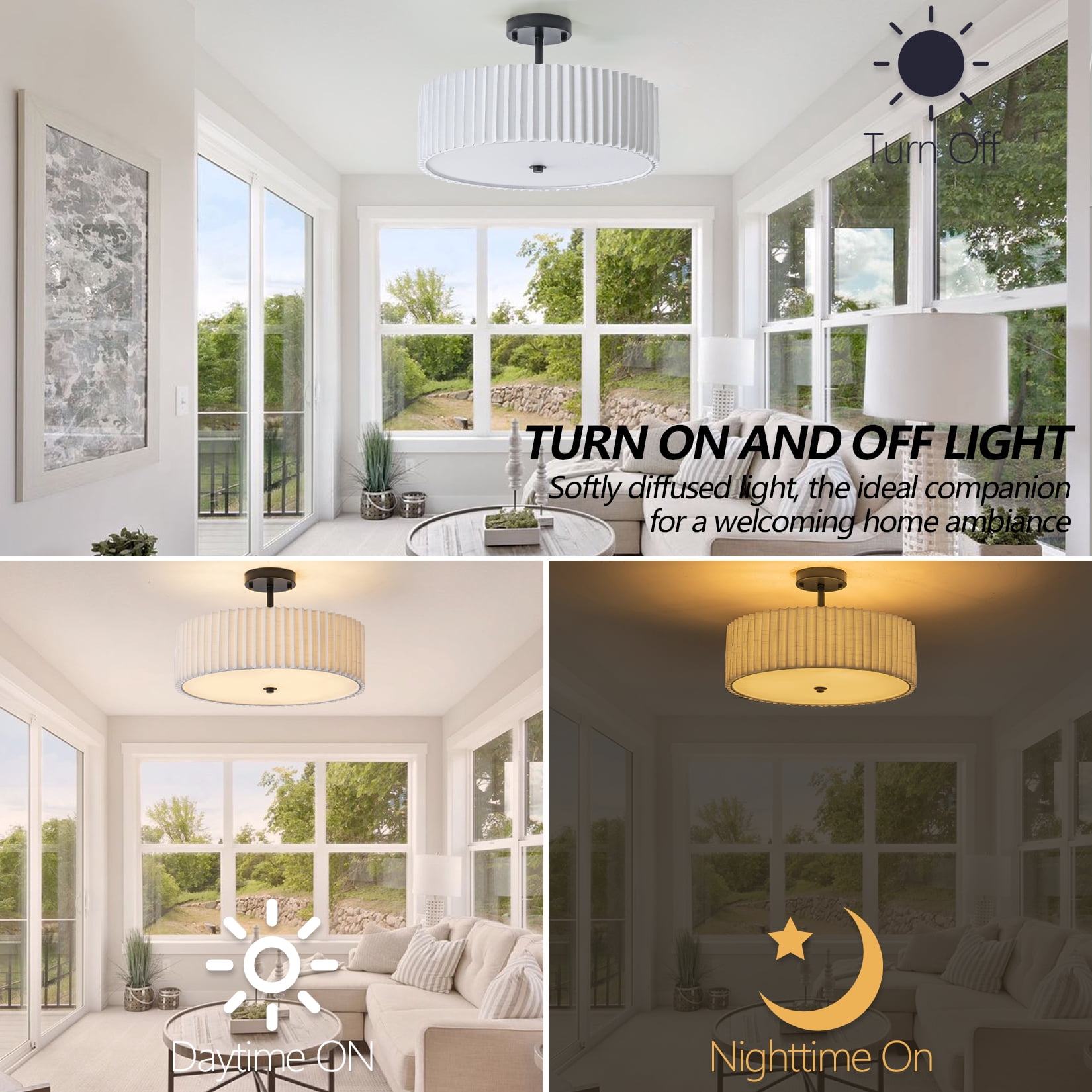 BESTOMINE 16.5 Inch Semi Flush Mount Ceiling Light,3 Light Modern Black Ceiling Light Fixture with Pleated Fabric Shade,Flush Mount Light Fixture for Bedroom,Living Room,Hallway,Dining Room