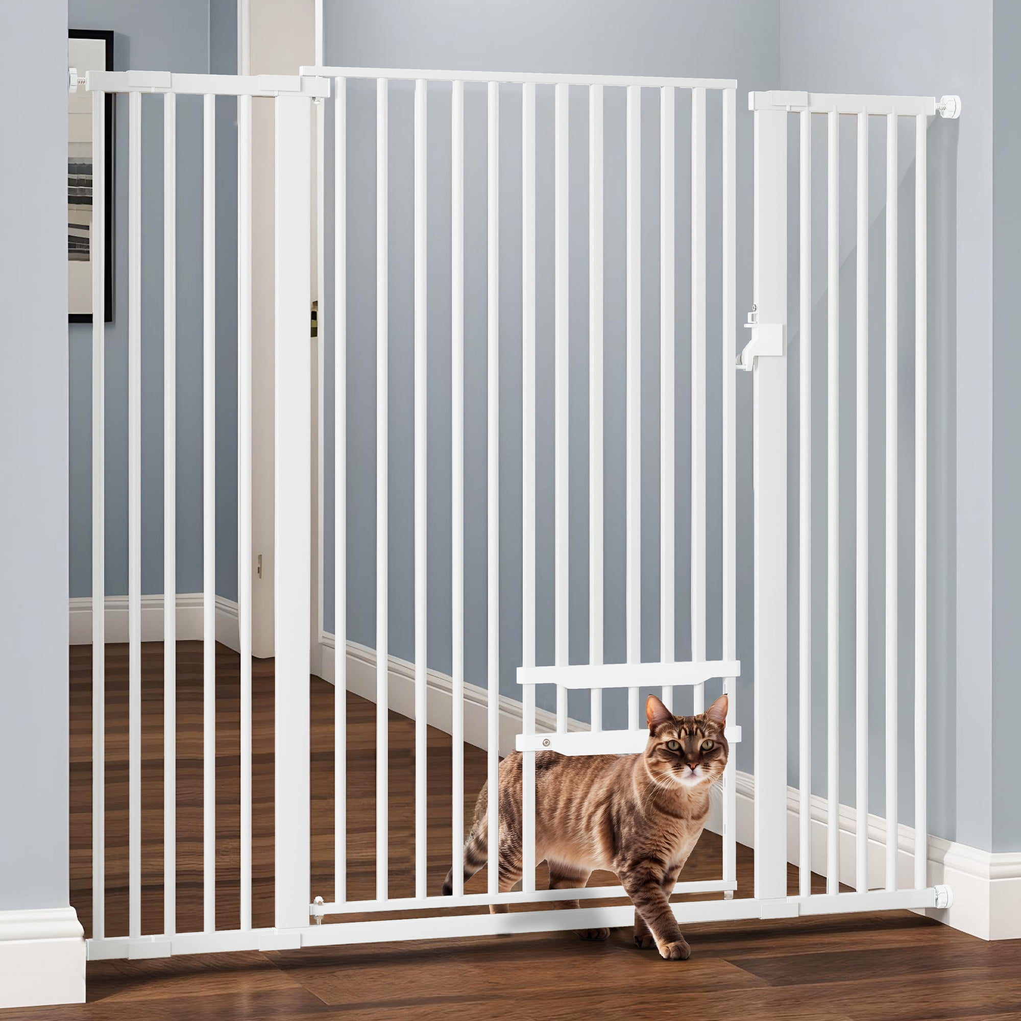 Uforic 55" Extra Tall Pet Gate with Cat Door, 29.5"-48" Wide, Auto-Close, No Drill, White