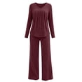 thumbnail image 4 of Cagogo Women's 2 Piece Outfit V Neck Long Sleeve Pullover Tops Wide Leg Pants Casual Set Solid Basic Lounge Sets Matching Tracksuits Travel Airport Clothes, Wine L, 4 of 8
