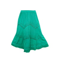 Mogul Women's Peasant Long Skirt Green Embroidered Rayon Maxi Skirts