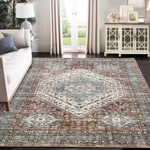 Tzou Area Rug 8x10 Vintage Retro Rug Indoor Door Mat Non Slip Carpet for Living Room Bedroom, Dark Brown