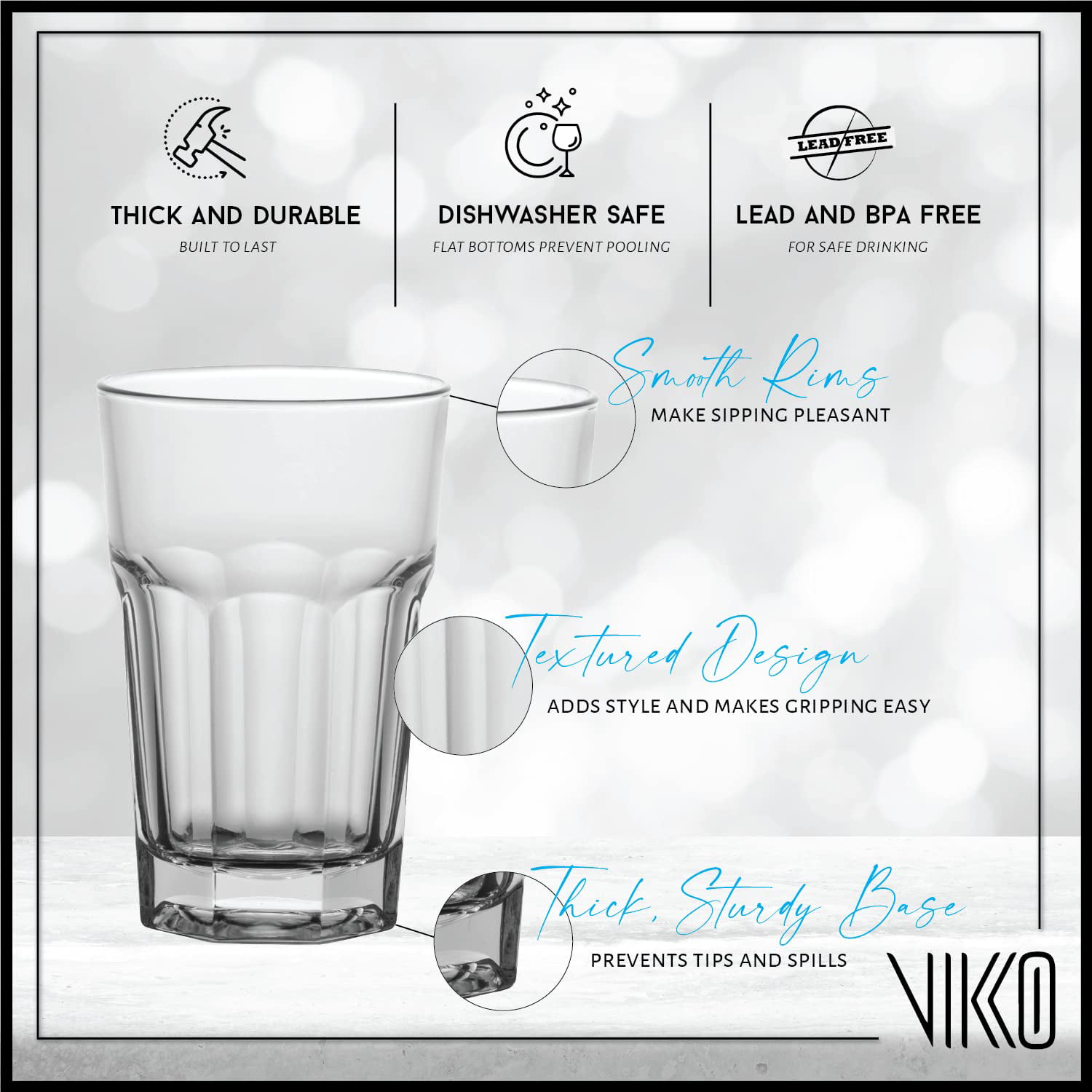 Vikko 9.5 Ounce Drinking Glasses: Thick and Durable Kitchen Glasses - Dishwasher Safe Glass Tumbler - Heavy Duty Cups for Water, Juice, Milk, Soda 