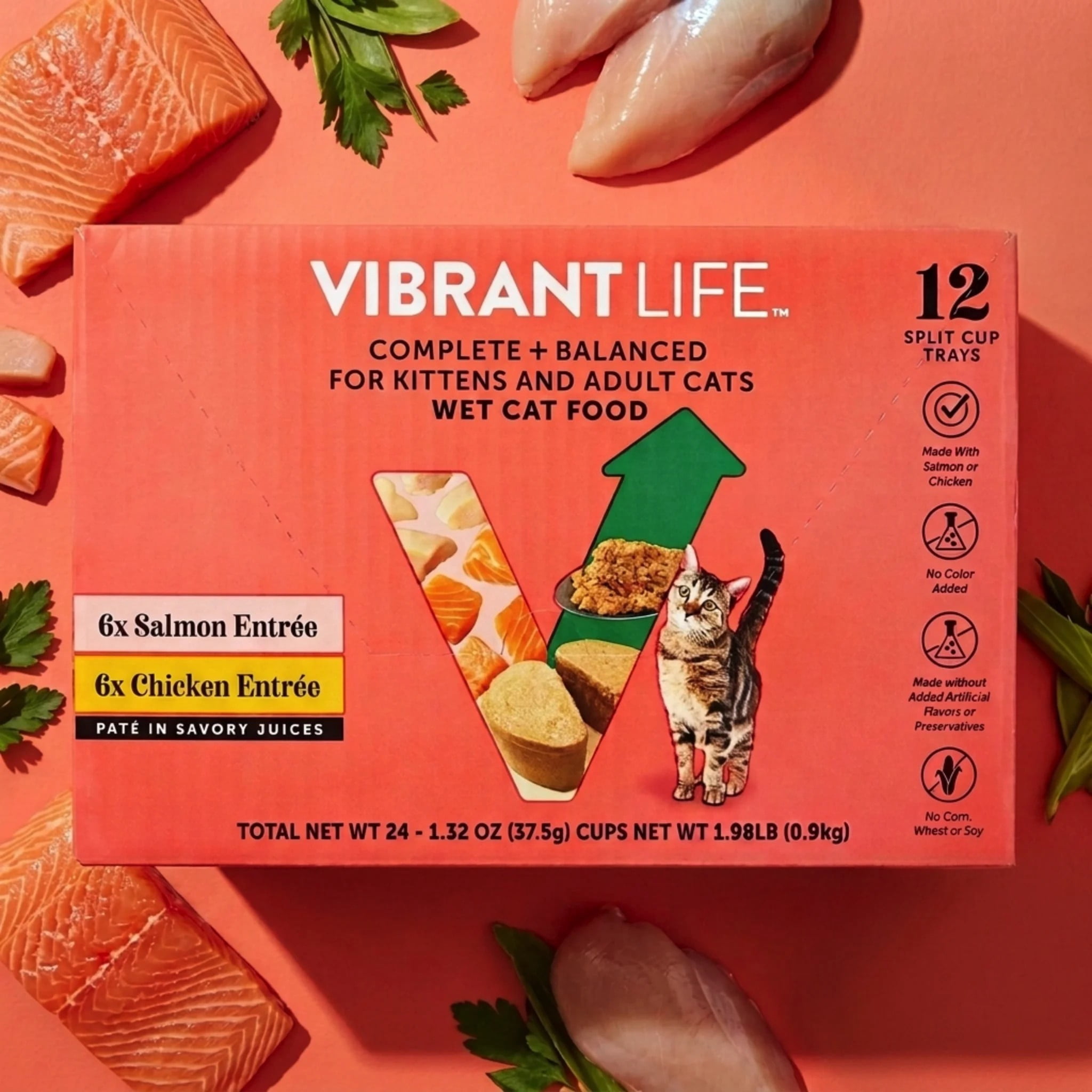 (12 pack) Vibrant Life Wet Cat Food, Salmon & Chicken Pate in Savory Juices, Grain-Free, 2.64 oz Split Trays, 12 Count