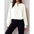 thumbnail image 6 of Women Henley Neck Half Button Drop Shoulder Loose Long Sleeve Knit Pullover Sweater Cream White XL, 6 of 9