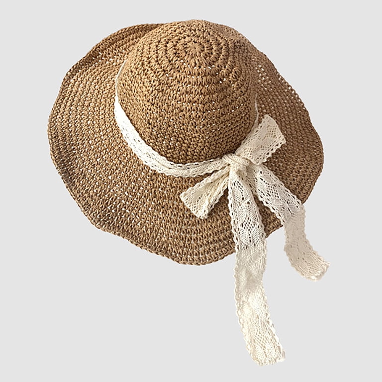 HAiming Beach Hat for Women Wide Brim Bowknot Straw Sun Hats  display picture 2