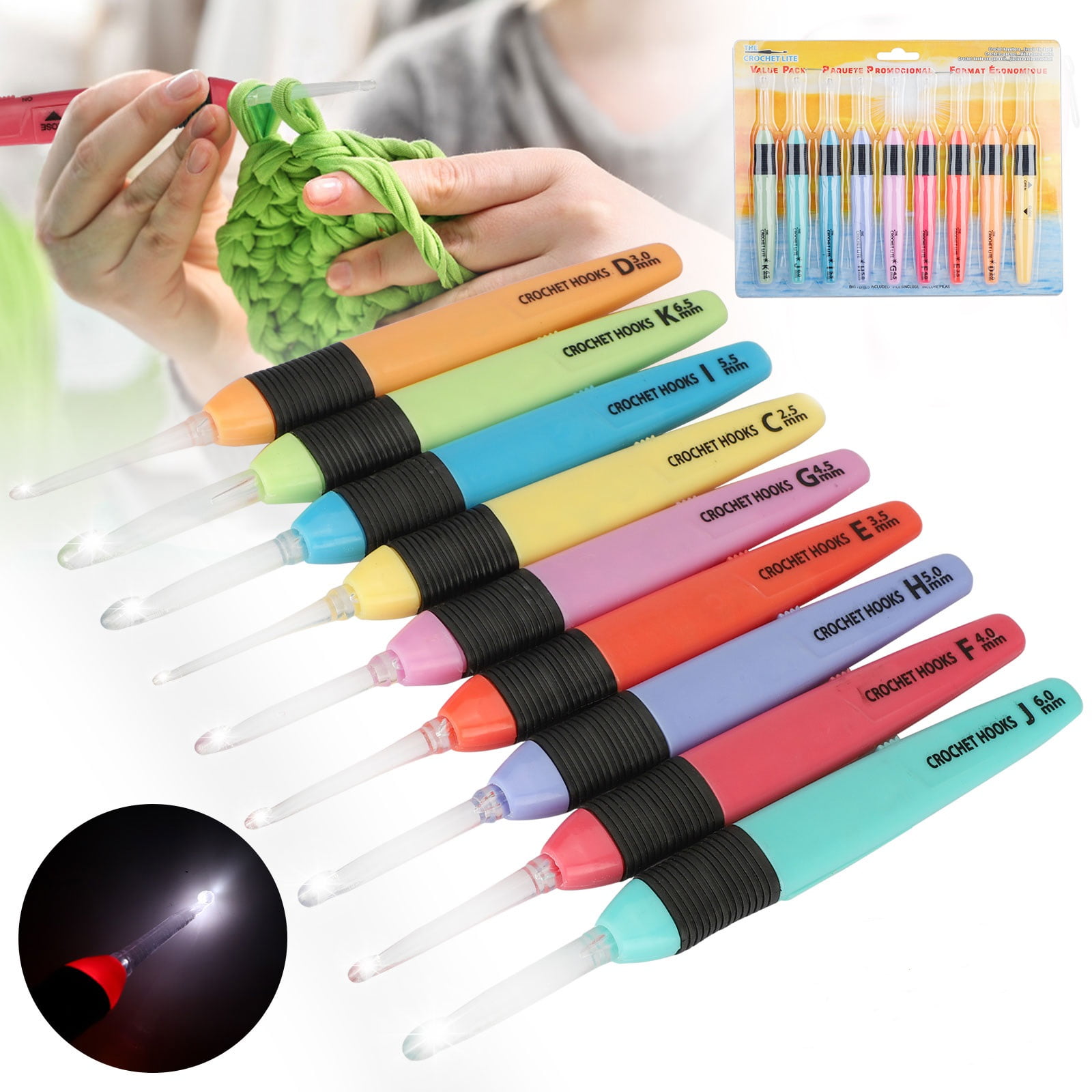 9pcs Lighted Crochet Hooks, EEEkit 2.56.5mm LED Lite Knitting Needles