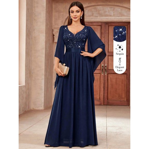 Blue Deep V-Neck Sequin Lace Insert Flowing Chiffon Maxi Evening Dress