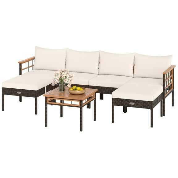 Gymax Set of 7 Wicker Furniture Set w/Ottomans Side Table Acacia Wood Tabletop Armrests White