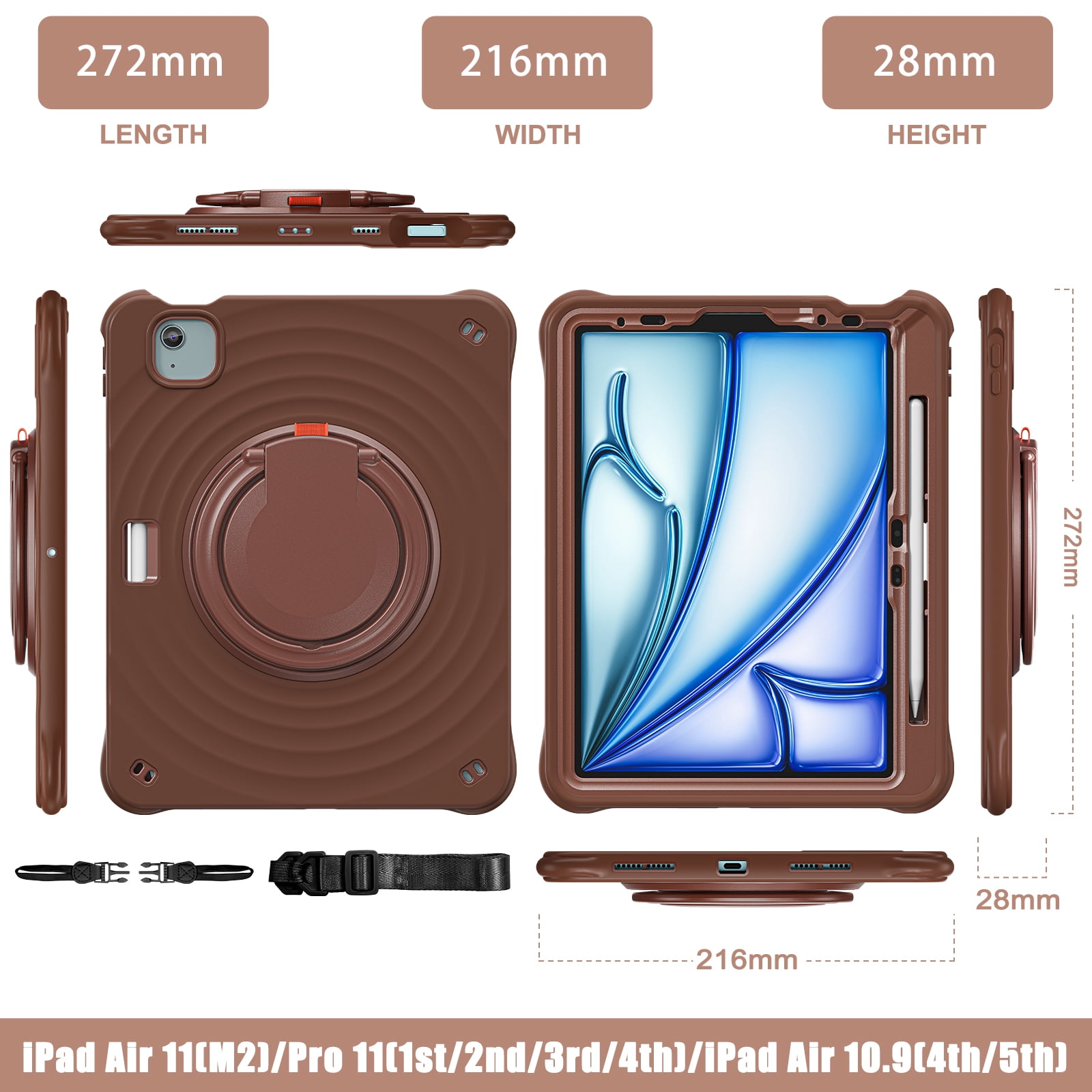 ELEHOLD Case for Apple iPad Air 11 (2024), Portable Hybrid Shockproof iPad Case with Pencil Holder & Hanging Ring Handle Rotatable Kickstand,Chocolate
