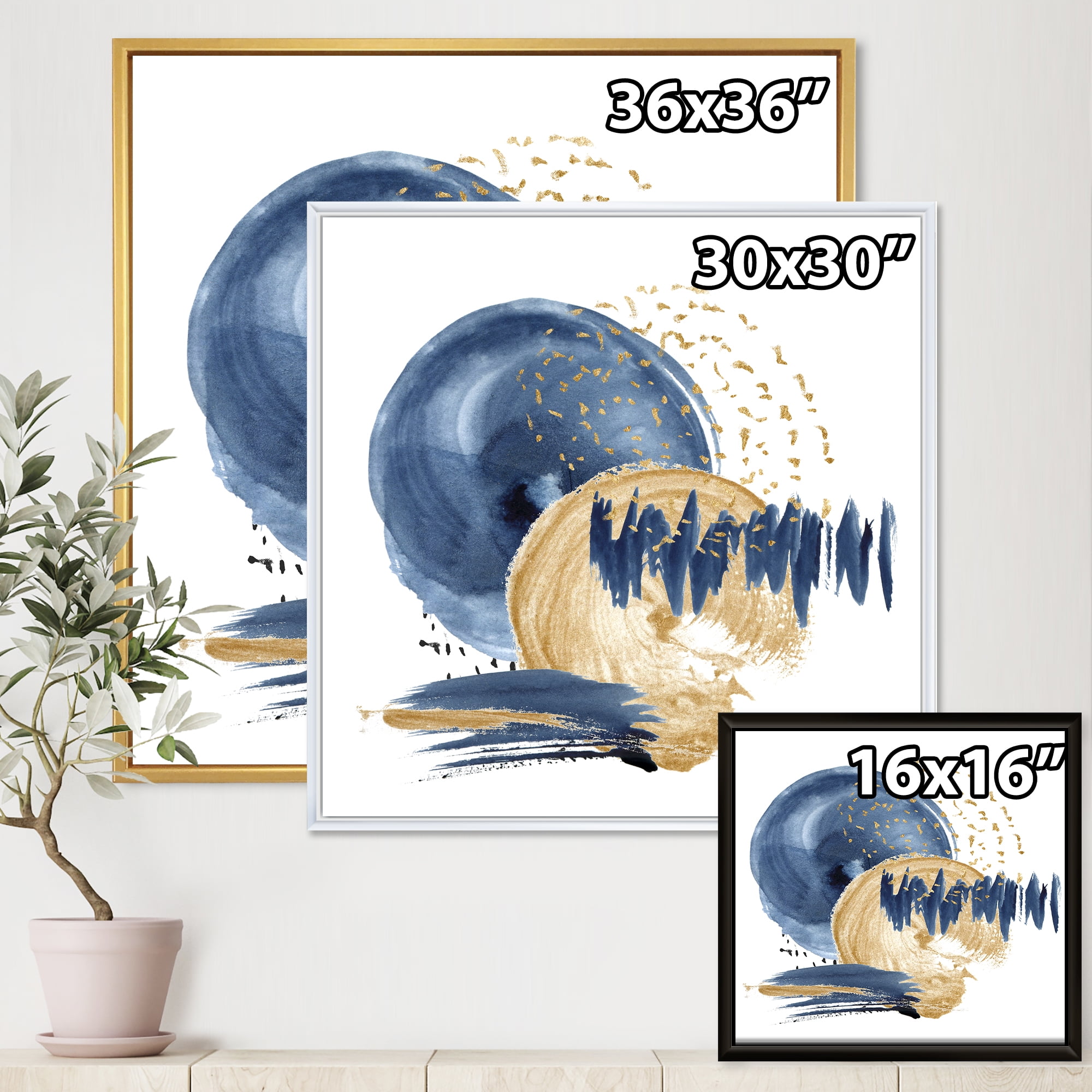 Designart 'Gold and Dark Blue Abstract Circle Ocean Texture' Modern Framed Canvas Wall Art Print