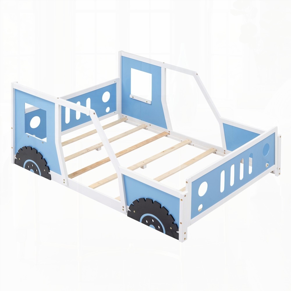 Full Size Blue Classic Car-Shaped Platform Bed with Wheels and Sturdy Pine Wood+MDF Frame