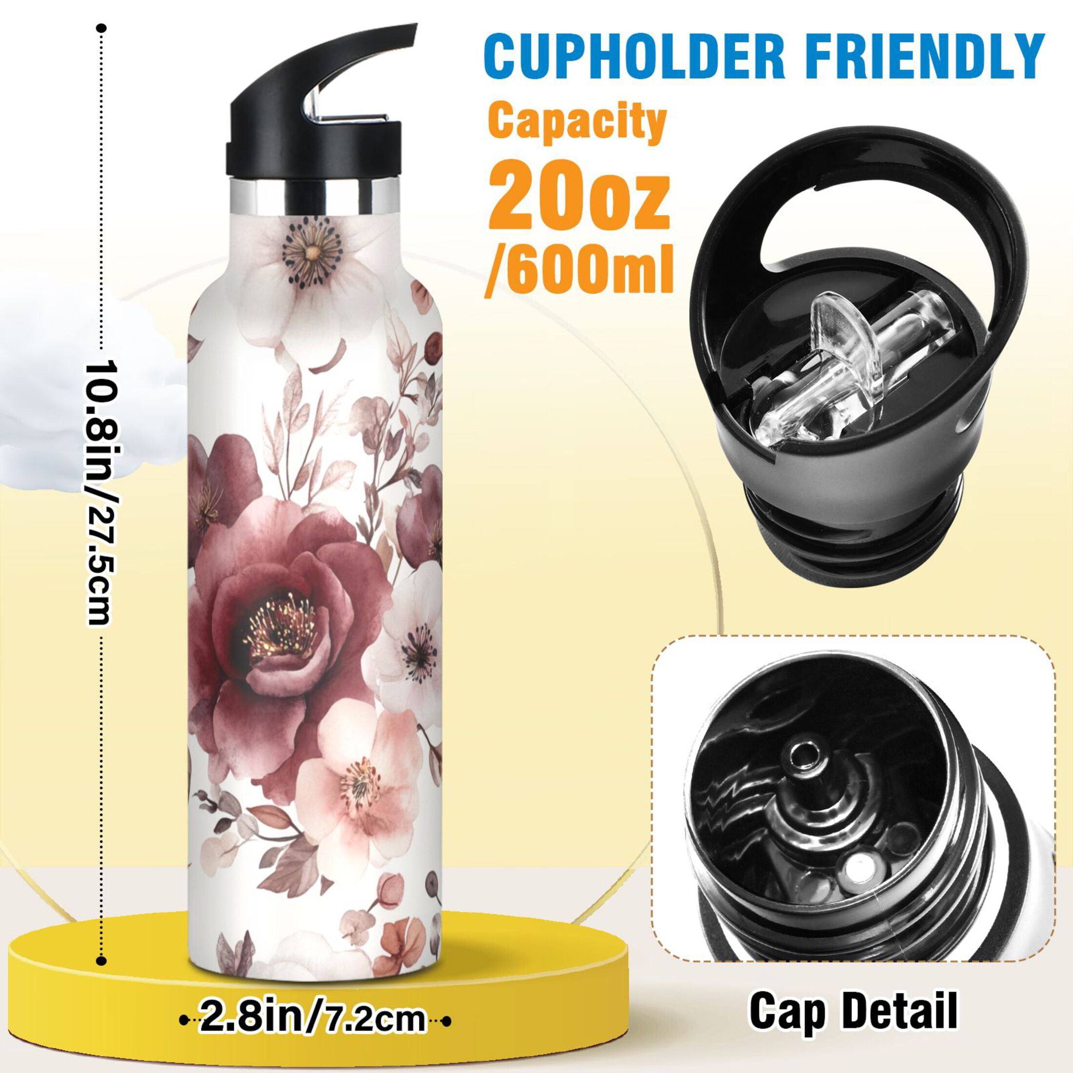 600ML Stainless Steel Insulated Cup Sports Water Bottle Portable Thermos Cup Water Glasses Insulated Tumblers Convenient and Durable Cartoon Maroon Flowers