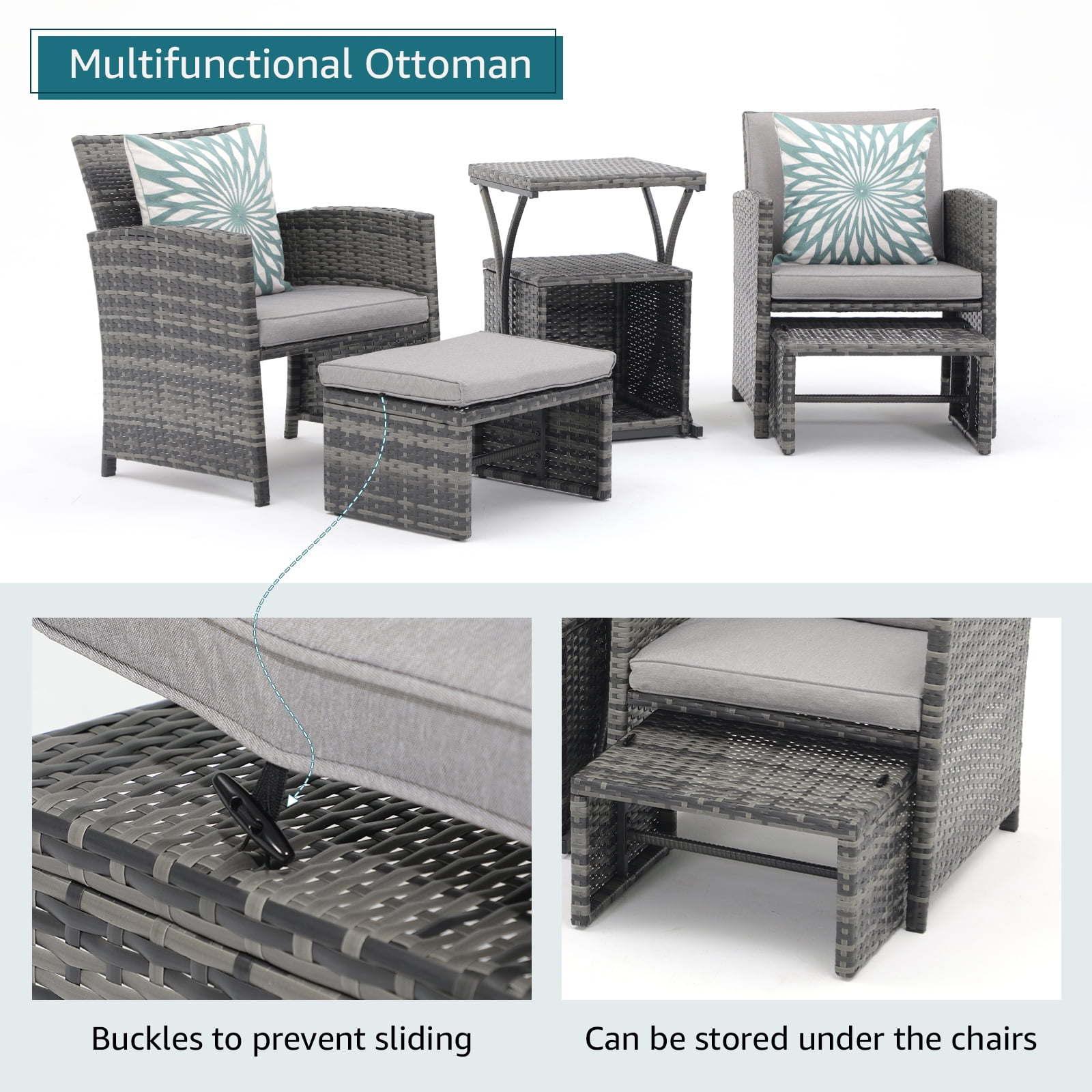 JOIVI 6 Piece Patio Furniture Conversation Set, with Ottoman, Outdoor Grey Wicker Chair and Table Set, Light Grey