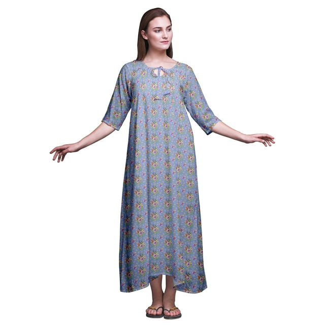 Bimba Lavande Bleu Floral Camélias en Floraison et Rose Maxi Vêtements de Nuit pour Femmes Été Chemises de Nuit Imprimées Grand