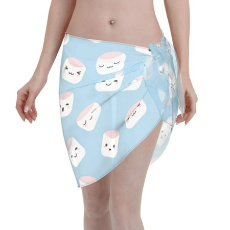 Adobk Women Beach Sarong Bathing Suit Cartoon Sushi Print Wrap Skirt Sheer Bikini Swimsuit Cover Ups For Swimwear