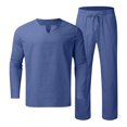 thumbnail image 4 of USNSM Men's Casual Cotton Linen T-Shirt&Pants 2 PC Sets V-Neck Long Sleeve Pullover Shirt & Lace-Up Elastic Waist Straight Leg Long Trouser Homewear Suits Beach Vacation Outfit Blue S, 4 of 9